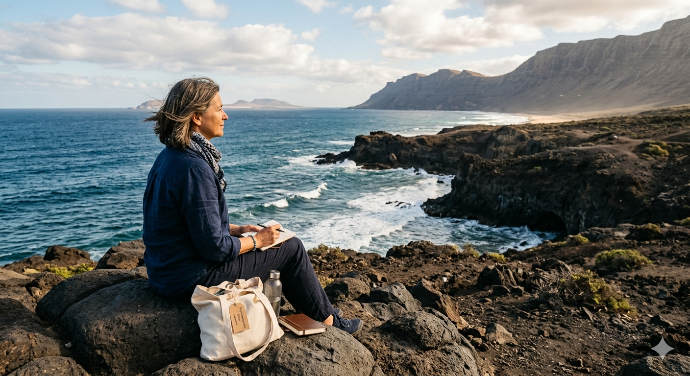 Frau blickt von den Felsen der Küste Lanzarotes aufs Meer